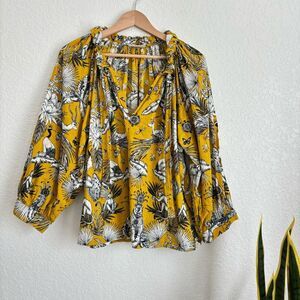 Fitzroy & Willa Yellow Safari Print Long Balloon Sleeve Top Size XL